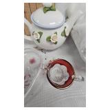 Nesting Chicken Top, Lace Tablecloth, Teapot, Napkin Holder