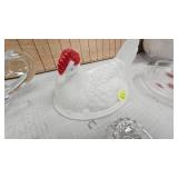 Nesting Chicken Top, Lace Tablecloth, Teapot, Napkin Holder