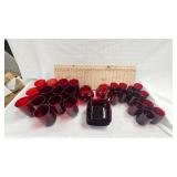 Depression Era Ruby Red  Dishes-12 Juice Glasses, 13 Water Glasses, 2 Rose Bowls