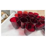 Depression Era Ruby Red  Dishes-12 Juice Glasses, 13 Water Glasses, 2 Rose Bowls