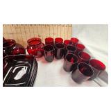 Depression Era Ruby Red  Dishes-12 Juice Glasses, 13 Water Glasses, 2 Rose Bowls
