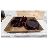 Depresstion Era Ruby Red Tea Set-4 Plates,Saucers, Cups and Sugar/Creamer
