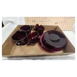 Depresstion Era Ruby Red Tea Set-4 Plates,Saucers, Cups and Sugar/Creamer