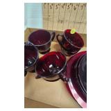 Depresstion Era Ruby Red Tea Set-4 Plates,Saucers, Cups and Sugar/Creamer