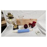 Cherub Oil Lamp, Ceramic Rolling Pin, Ruby Colored Dishes