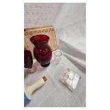 Cherub Oil Lamp, Ceramic Rolling Pin, Ruby Colored Dishes