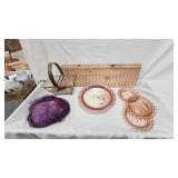 Glass Basket, 3 Imperial Glass Trinket Dishes and Tea Cloth/Lace