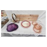 Glass Basket, 3 Imperial Glass Trinket Dishes and Tea Cloth/Lace