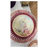 Glass Basket, 3 Imperial Glass Trinket Dishes and Tea Cloth/Lace