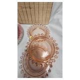 Glass Basket, 3 Imperial Glass Trinket Dishes and Tea Cloth/Lace
