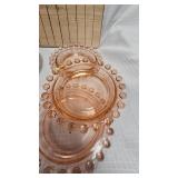 Glass Basket, 3 Imperial Glass Trinket Dishes and Tea Cloth/Lace