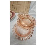 Glass Basket, 3 Imperial Glass Trinket Dishes and Tea Cloth/Lace