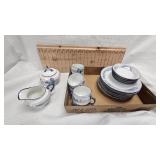 Delft Blau Tea Set, 6 Plates, Saucers, Cups and Sugar Creamer