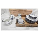 Delft Blau Tea Set, 6 Plates, Saucers, Cups and Sugar Creamer
