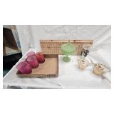 Satin Cranberry Glasses, Green Satin Candy Dish, etc