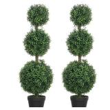 HOMCOM 39.4 in. Set of 2 Decorative Artificial Plants, Topiary Ball-shaped Boxwood Trees in Pot, Fake Plants