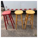 Lot of 3 Wooden Bar Stools Red and Natural Finish