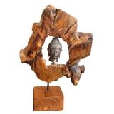 DN - Buddha Head Wood Sculpture 21 in Tall