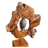 DN - Buddha Head Wood Sculpture 21 in Tall
