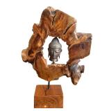 DN - Buddha Head Wood Sculpture 21 in Tall