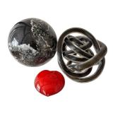 DN-Contemporary Decor Sculpture Trio Marble Sphere, Art Glass Knot & Heart Paperweight