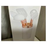 New 6 pc Rose Gold Cooking Utensil Set with Caddy