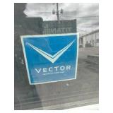 (2)  Vector brand white vinyl single-hung window featuring a prominent blue logo sticker on the glass.