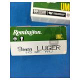 (100) Rounds Remington UMC centerfire revolver and pistol cartridges 9mm Luger caliber
