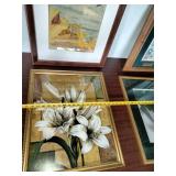 These items appear to be vintage, framed botanical and nature prints, including works that resemble De Jonge flower art