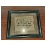 This framed artwork features a calligraphy print of a famous quote often attributed to inscriptions found in a concentration camp during World War II.