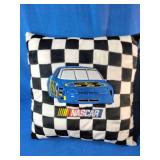 These vintage 90s NASCAR throw pillows feature a checkered flag design with a blue #53 car and a white design highlighting a Goodwrench #3 Chevrolet Monte Carlo