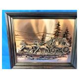This is a vintage 1970s framed 3D copper relief art piece depicting a U.S. Mail stagecoach, signed by artist John Louw