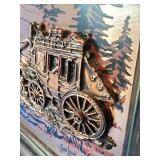 This is a vintage 1970s framed 3D copper relief art piece depicting a U.S. Mail stagecoach, signed by artist John Louw