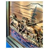 This is a vintage 1970s framed 3D copper relief art piece depicting a U.S. Mail stagecoach, signed by artist John Louw