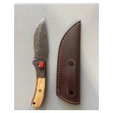 Brand New Damascus Knife with Leather Sheath 8" Overall Length