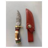 Brand New Damascus Knife with Antler Handle 6" Overall Length