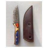 Brand New Damascus Knife with Leather Sheath 8" Overall Length