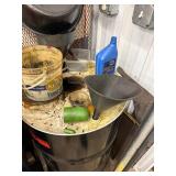 Industrial Steel Drum With Funnel & Assorted Shop Items Mixed Lot