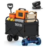 $250 SEESII Electric Wagon Cart Foldable with 2 x 4.0Ah Batteries, Stepless Variable Speed Collapsible Wagon, 150L Large Capacity & 330Lbs Grocery Cart with Multi-Terrain Wheels for Camp, Garden & Spo