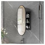 Oval Medicine Cabinet Mirror for Bathroom,Recessed Black Medicine Cabinet with Mirror, Brushed Black Mirror Cabinet with 3 Storage,Metal Edge,Wall Mounted,16x31Inch