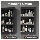 Oval Medicine Cabinet Mirror for Bathroom,Recessed Black Medicine Cabinet with Mirror, Brushed Black Mirror Cabinet with 3 Storage,Metal Edge,Wall Mounted,16x31Inch