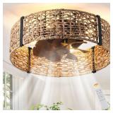 Ganeed 20" Boho Fandelier Ceiling Fan with Light, Rattan Caged Ceiling Fan with Light and Remote Control, Quiet Reversible Motor Enclosed Low Profile 6 Speeds for Bedroom Living Room Porch Kids Room