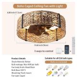 Ganeed 20" Boho Fandelier Ceiling Fan with Light, Rattan Caged Ceiling Fan with Light and Remote Control, Quiet Reversible Motor Enclosed Low Profile 6 Speeds for Bedroom Living Room Porch Kids Room