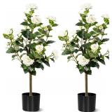 3FT Artificial Camellia Tree 2 Pack, Artificial Plants Outdoor Faux Floral Plant in Cement Pot Fake Silk Camellia Tree Plants for Home House Living Room Office Decor