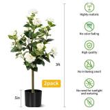 3FT Artificial Camellia Tree 2 Pack, Artificial Plants Outdoor Faux Floral Plant in Cement Pot Fake Silk Camellia Tree Plants for Home House Living Room Office Decor