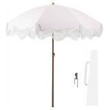 Rayjee 6.5FT Patio Umbrella with Fringe, UV Protection Beach Umbrella with Tilt & Adjustable Height, Includes Carry Bag & Ground Stake, Outdoor Umbrella for Pool, Garden, Backyard