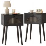 Fixwal Nightstands Set of 2 with Fluted Door, Small End Table with Solid Wood Feet for Bedroom Small Space, Modern Mid-Century Bedside Table, Black, 13.8 x 10.6 x 21.3in