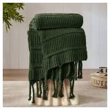 Boho Knitted Chenille Blanket with Tassels - Lightweight & Soft All-Season Throw - 3D Classic Pattern for Living Room Bedroom Couch, Imperial Green, Throw 50"x60"