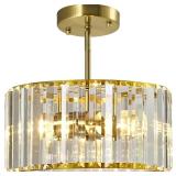 Gold Crystal Ceiling Light, Modern Semi Flush Mount Ceiling Lighting Fixture, Round Hallway Lighting Fixtures Chandelier Pendent Light for Foyer Kitchen Entryway Bedroom Dining Room, 3-Light,11.8Inch