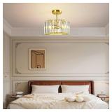 Gold Crystal Ceiling Light, Modern Semi Flush Mount Ceiling Lighting Fixture, Round Hallway Lighting Fixtures Chandelier Pendent Light for Foyer Kitchen Entryway Bedroom Dining Room, 3-Light,11.8Inch